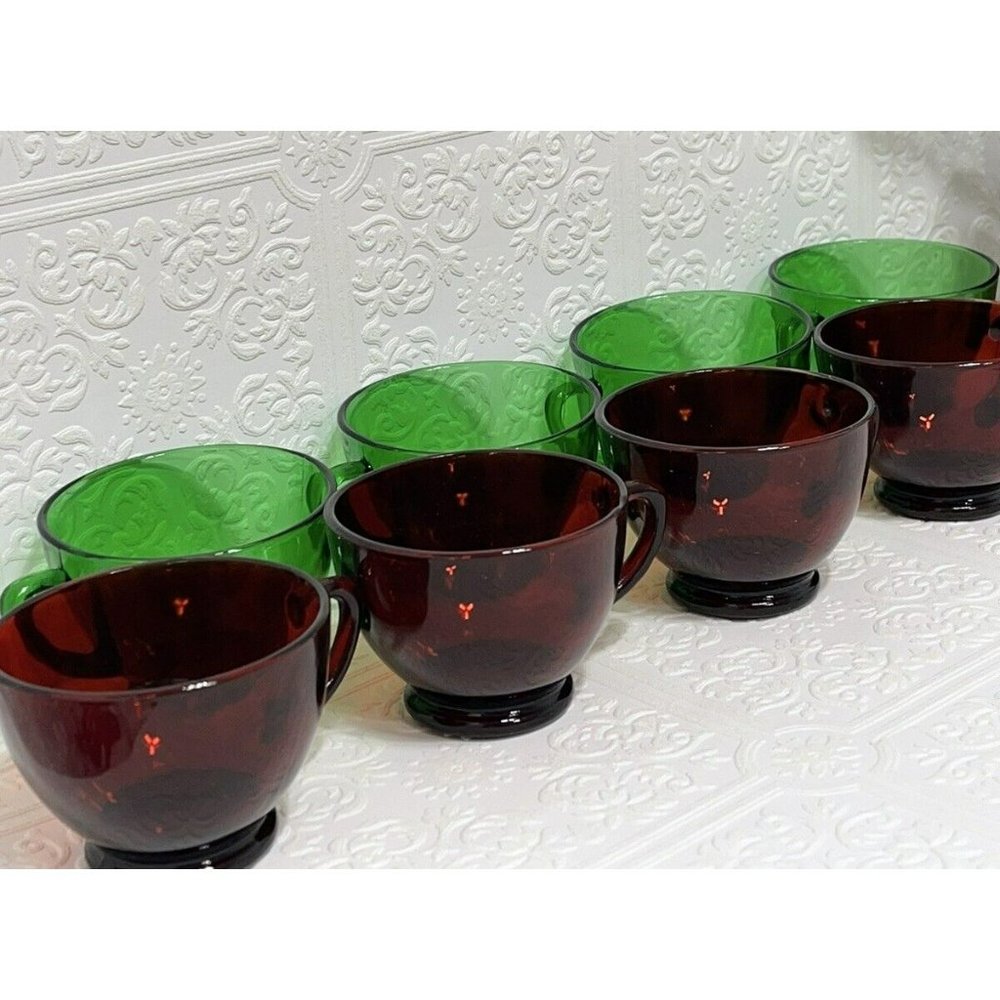 Green & Cranberry Red Glass Depression Glass Tea Cup Or Coffee Vintage 8 cups